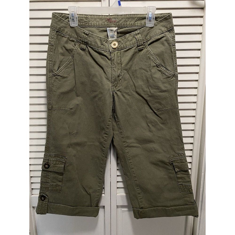Worn Green Khaki Cargo Crop Pants Size 12 Wide Leg Cuffed Mid Rise‎